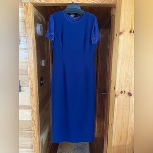 Donna Morgan Royal Blue Midi Dress with Embellished Sleeves